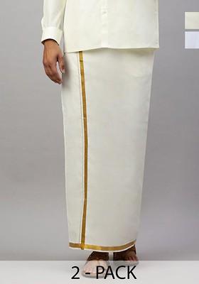 White Pack Of 2 Cotton Single Layer Dhoti With Zari Border For Men