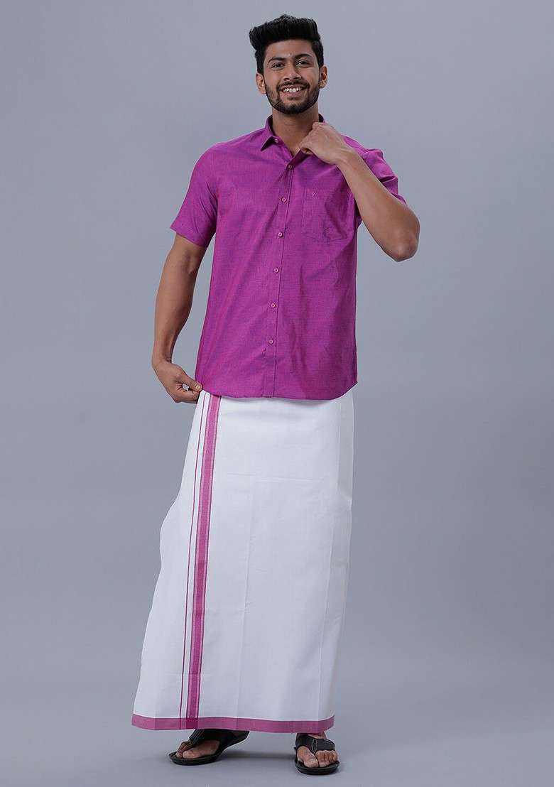 Purple Cotton Dhoti With Shirt For Men - Indya