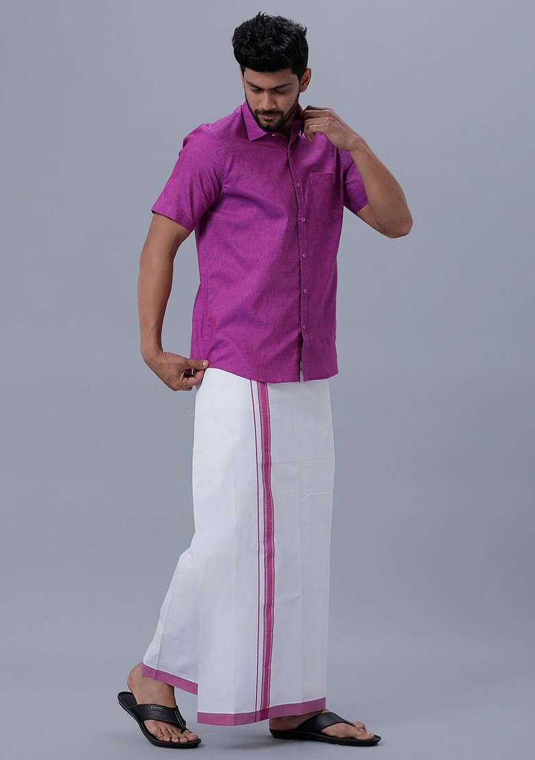 Purple Cotton Dhoti With Shirt For Men - Indya