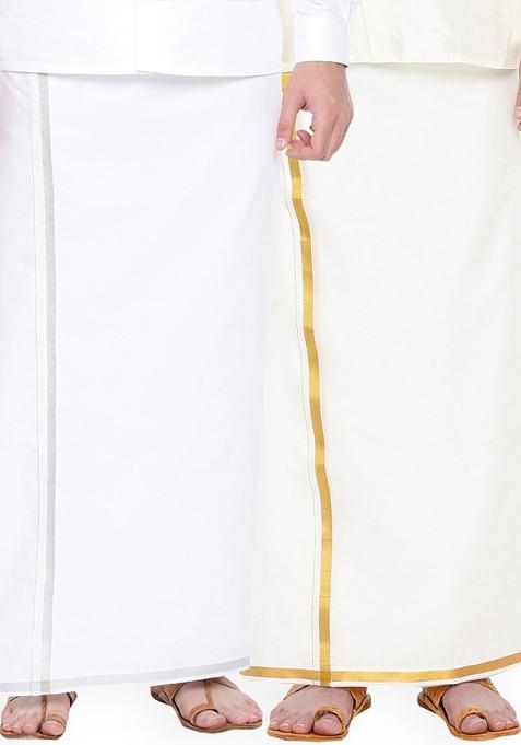 White Pack Of 2 Cotton Zari Border Dhotis For Men — view on Indya
