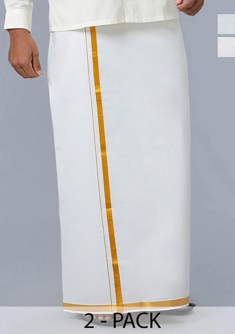 White Pack Of 2 Pure Cotton Dhotis For Men