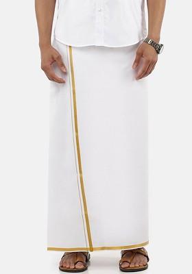 White Cotton Solid Gold Jari Border Single Layer Dhoti For Men
