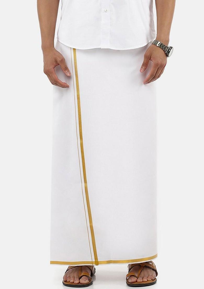 White Cotton Solid Gold Jari Border Single Layer Dhoti For Men