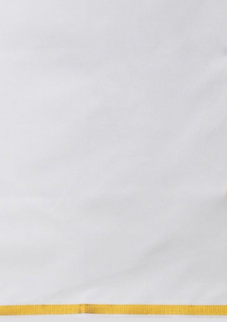 White Cotton Solid Gold Jari Border Single Layer Dhoti For Men