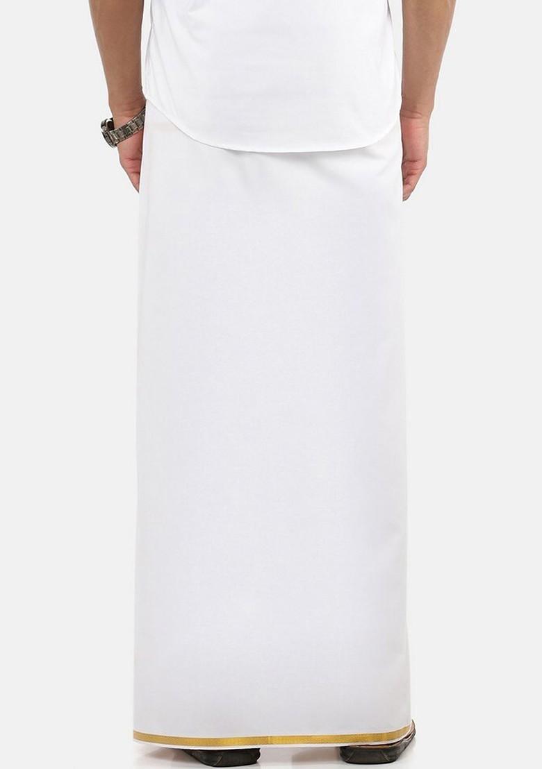 White Cotton Solid Gold Jari Border Single Layer Dhoti For Men