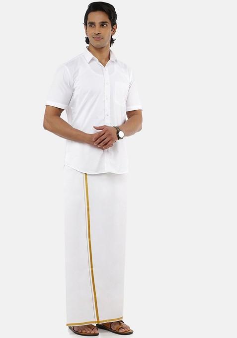 White Cotton Solid Gold Jari Border Single Layer Dhoti For Men