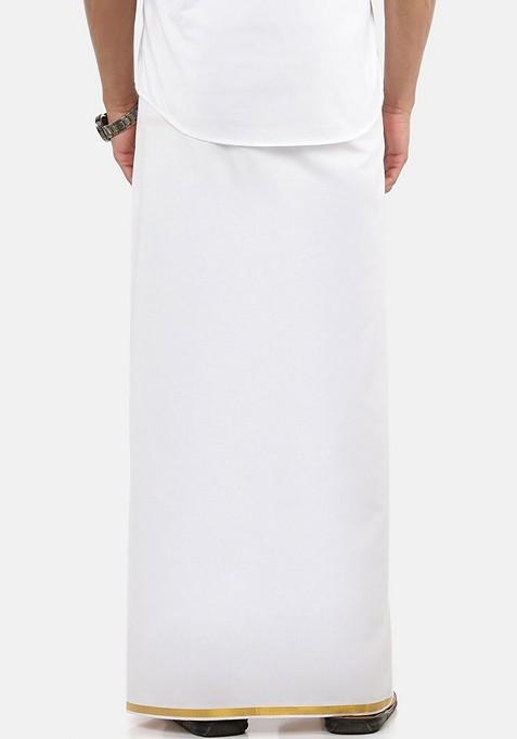 White Cotton Solid Gold Jari Border Single Layer Dhoti For Men