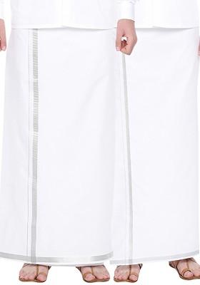 White Pack Of 2 Pure Cotton Single Layer Dhoti With Zari Border For Men