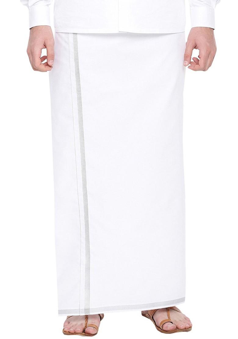 White Pack Of 2 Pure Cotton Single Layer Dhoti With Zari Border For Men - Indya