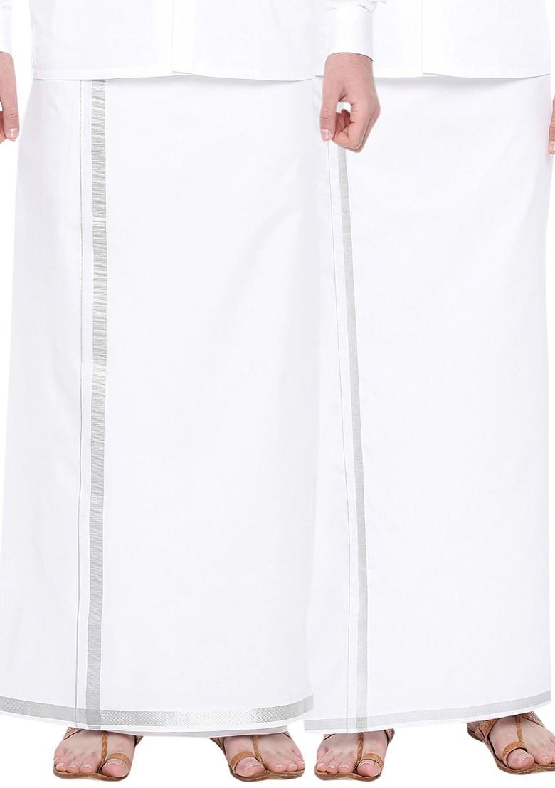 White Pack Of 2 Pure Cotton Single Layer Dhoti With Zari Border For Men - Indya