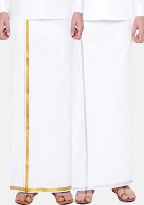 White Pack Of 2 Pure Cotton Dhotis With Zari Border For Men