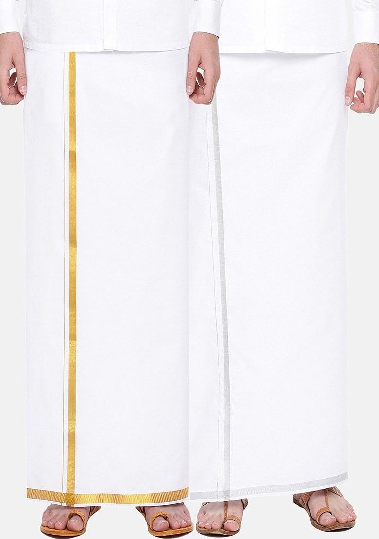 White Pack Of 2 Pure Cotton Dhotis With Zari Border For Men - Indya