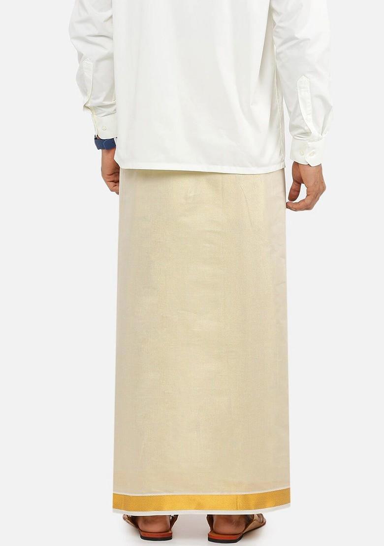 White Tissue Solid Gold Jari Border Single Layer Dhoti For Men - Indya