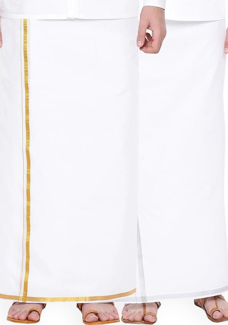 White Pack Of 2 Cotton Dhotis With Zari Border For Men - Indya