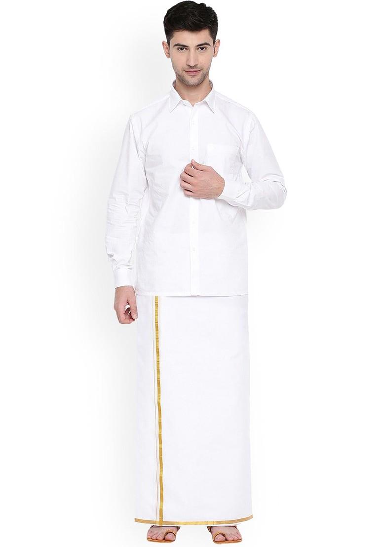 White Pack Of 2 Cotton Dhotis With Zari Border For Men - Indya