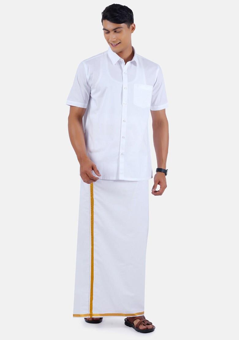 White Solid Polycotton Shirt With Gold Border White Dhoti For Men - Indya