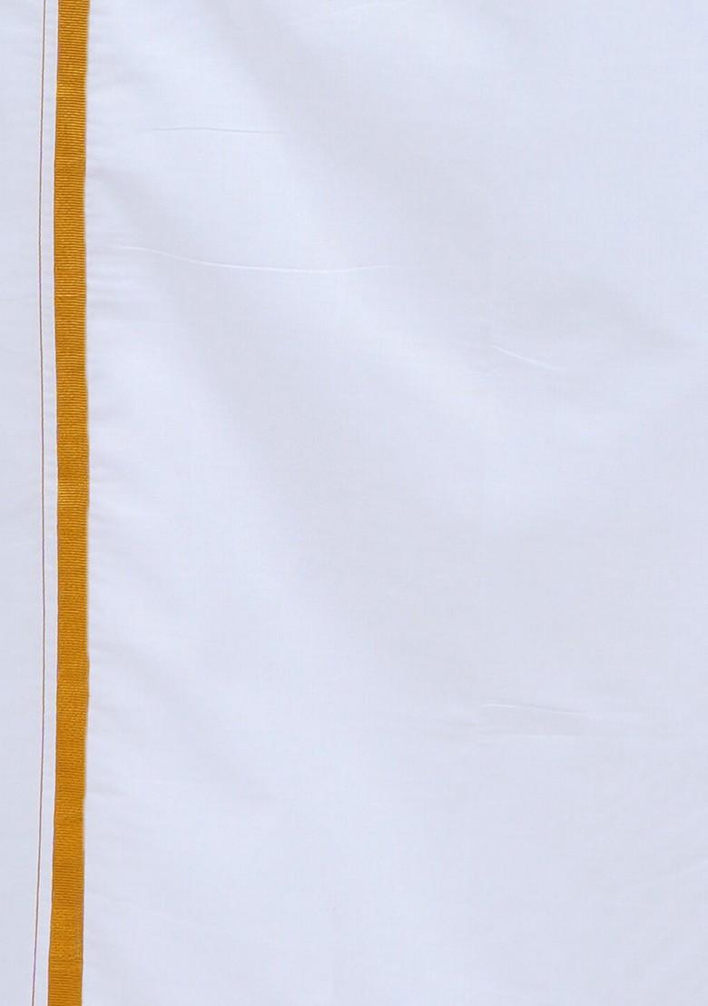 White Solid Polycotton Shirt With Gold Border White Dhoti For Men - Indya
