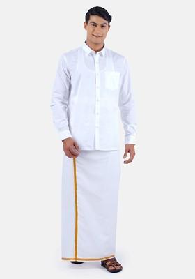 White Solid Polycotton Shirt With Gold Border White Dhoti For Men