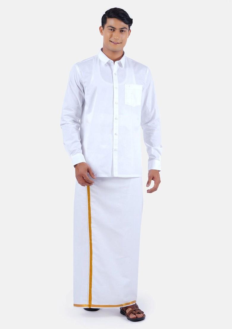 White Solid Polycotton Shirt With Gold Border White Dhoti For Men - Indya
