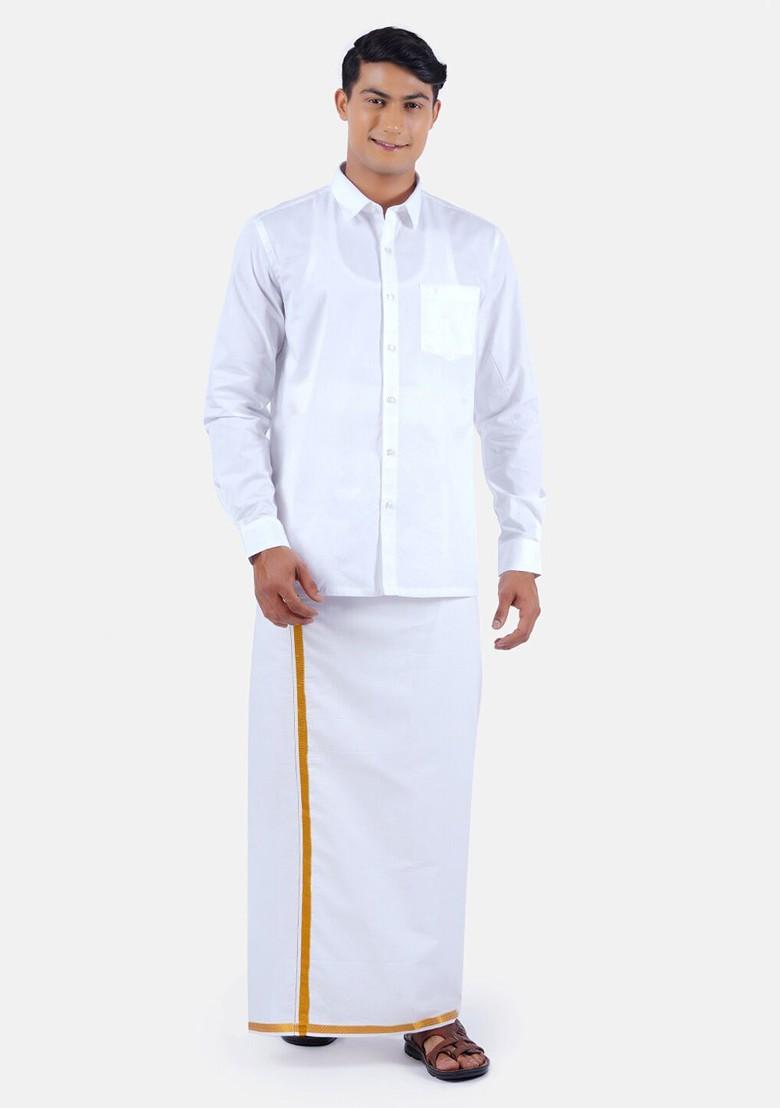 White Solid Polycotton Shirt With Gold Border White Dhoti For Men - Indya