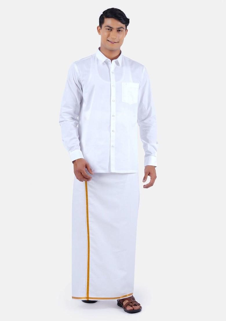 White Solid Polycotton Shirt With Gold Border White Dhoti For Men - Indya