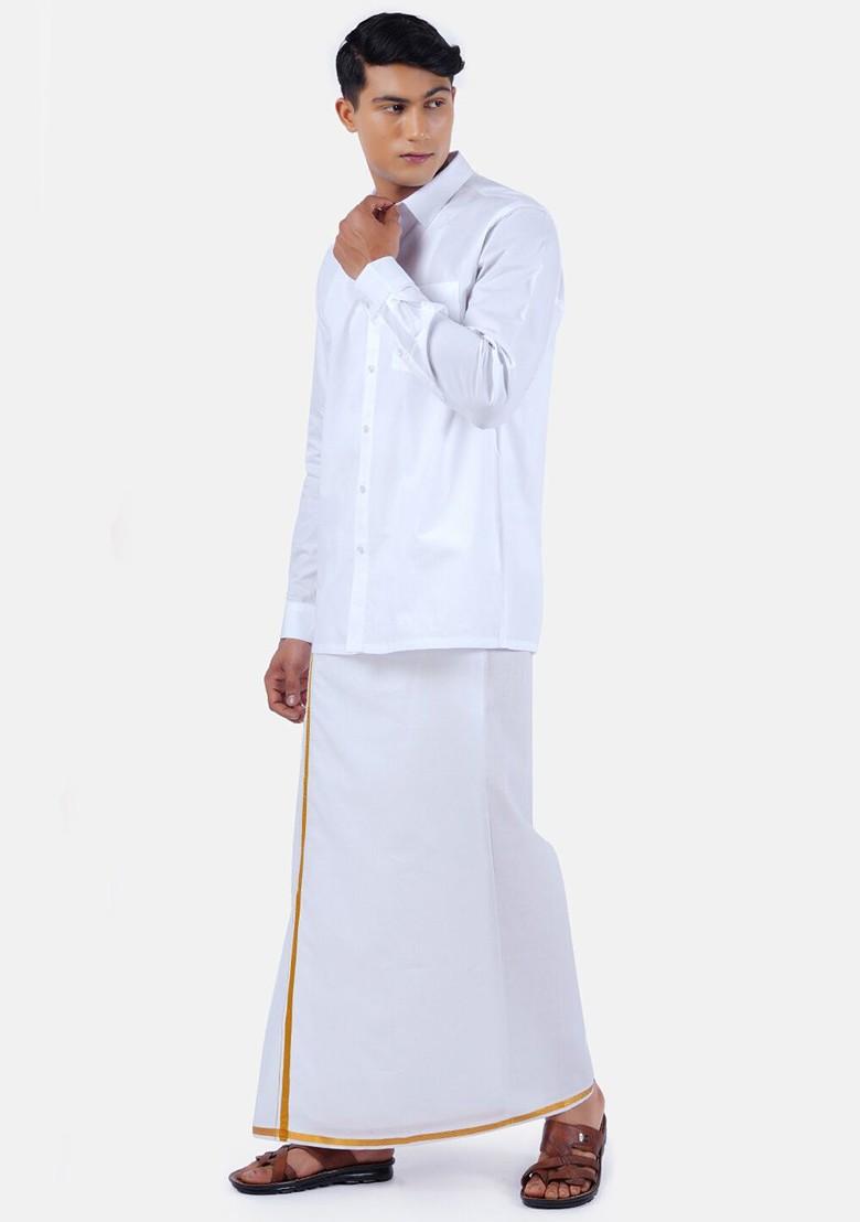 White Solid Polycotton Shirt With Gold Border White Dhoti For Men - Indya