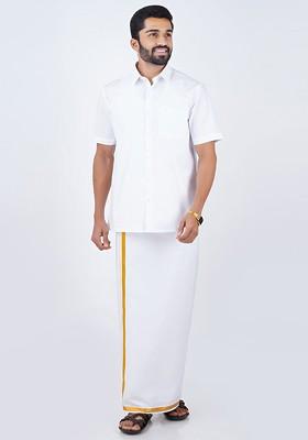 White Solid Polycotton Shirt With Gold Border White Dhoti For Men