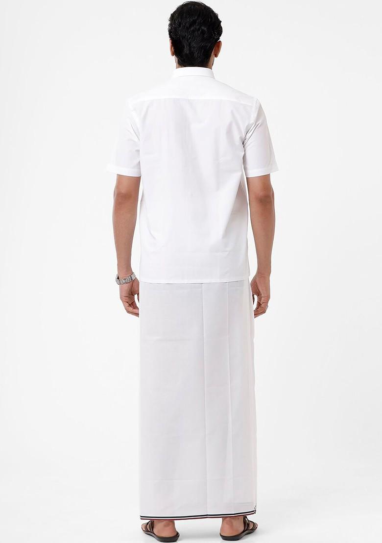 White Cotton White Solid Admk Party Political Single Layer Dhoti For Men