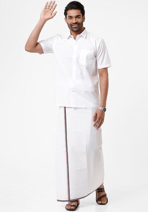 White Cotton White Solid Admk Party Political Single Layer Dhoti For Men