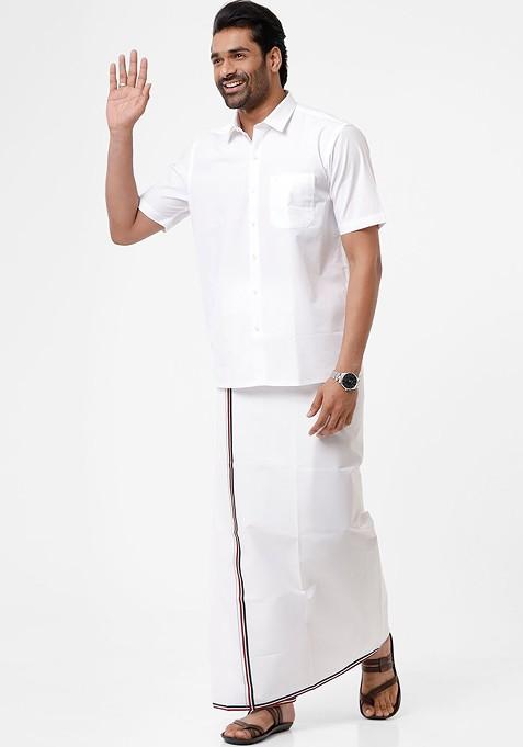 White Cotton White Solid Admk Party Political Single Layer Dhoti For Men