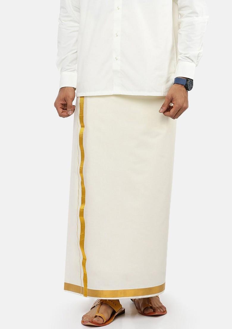 White Solid Pure Cotton Dhotis For Men - Indya