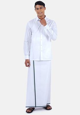 Pure Cotton Shirt With Border Dhoti Set For Men