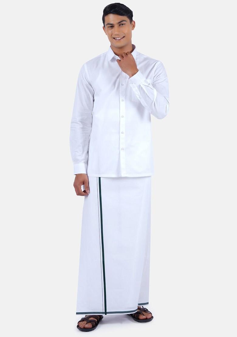 Pure Cotton Shirt With Border Dhoti Set For Men