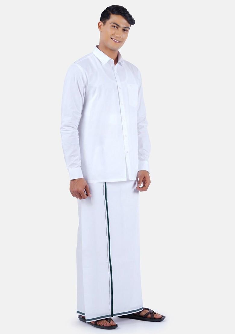 Pure Cotton Shirt With Border Dhoti Set For Men