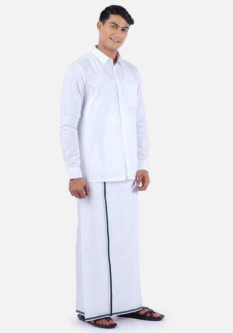 Pure Cotton Shirt With Border Dhoti Set For Men