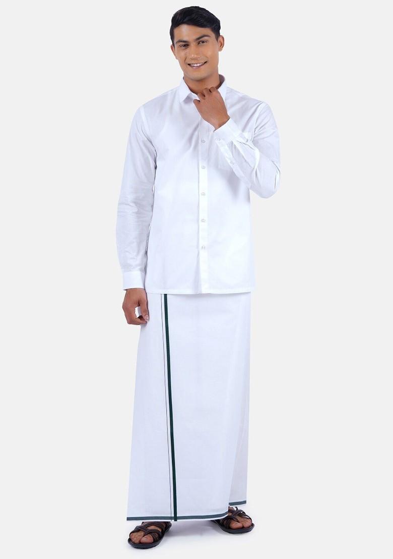 Pure Cotton Shirt With Border Dhoti Set For Men