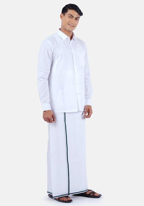 Pure Cotton Shirt With Border Dhoti Set For Men