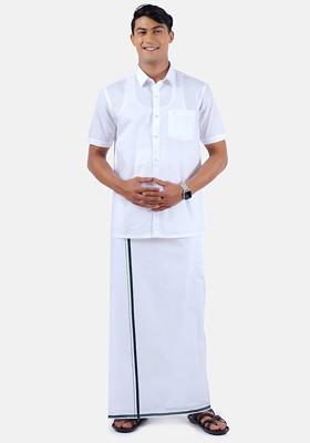 Pure Cotton Shirt With Border Dhoti Set For Men