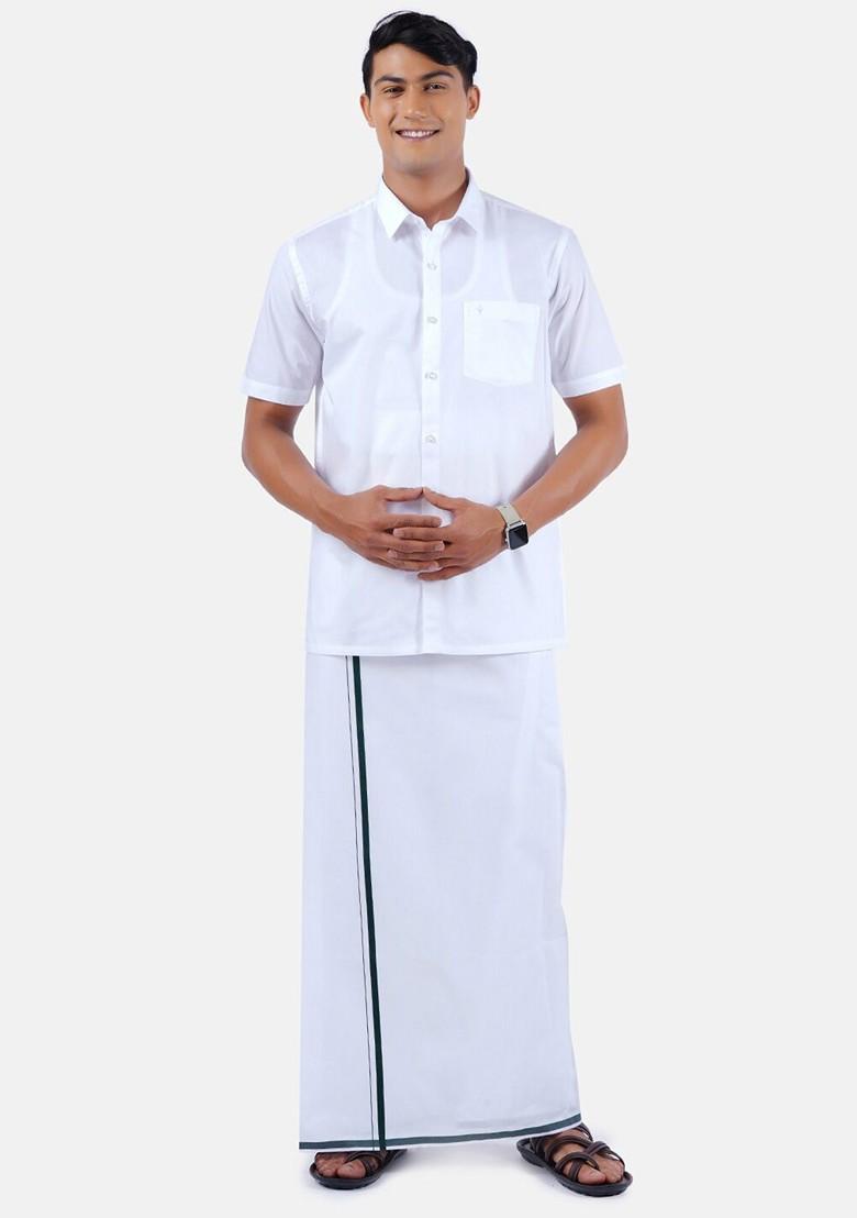 Pure Cotton Shirt With Border Dhoti Set For Men