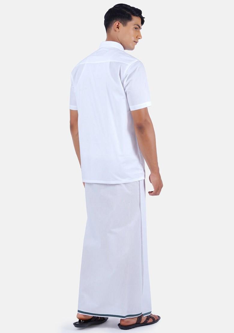 Pure Cotton Shirt With Border Dhoti Set For Men