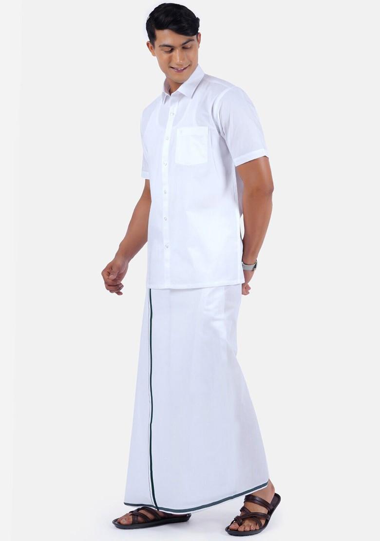 Pure Cotton Shirt With Border Dhoti Set For Men