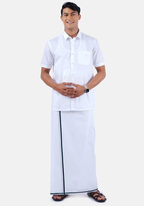 Pure Cotton Shirt With Border Dhoti Set For Men