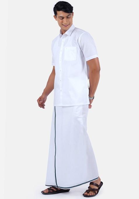Pure Cotton Shirt With Border Dhoti Set For Men