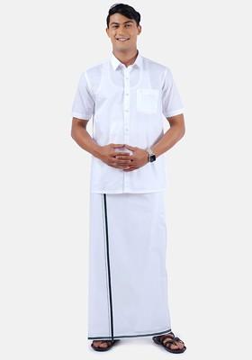 Pure Cotton Shirt With Border Dhoti Set For Men
