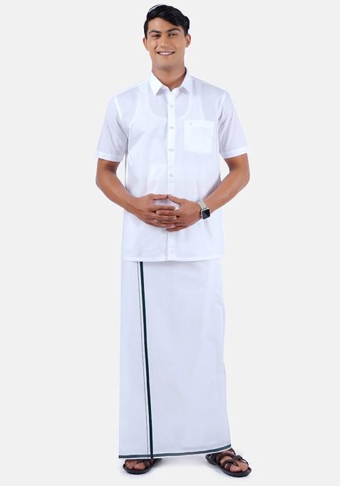 Pure Cotton Shirt With Border Dhoti Set For Men
