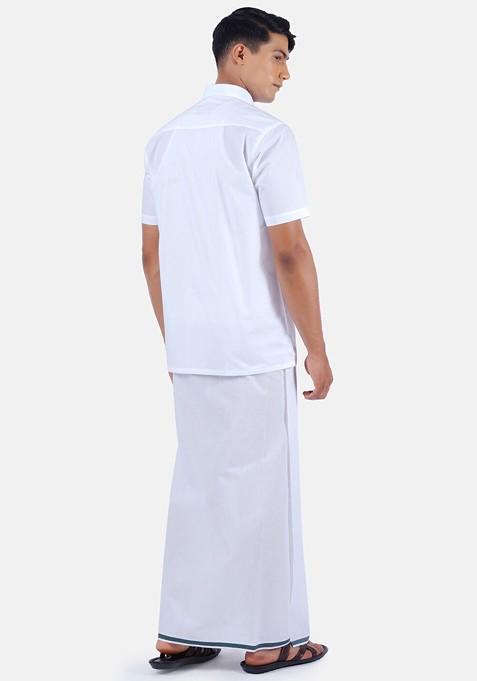 Pure Cotton Shirt With Border Dhoti Set For Men