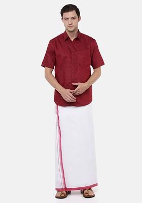 Maroon Maroon And White Pure Cotton Shirt With Dhoti For Men