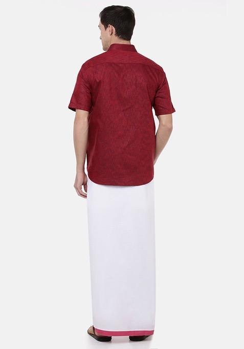Maroon Maroon And White Pure Cotton Shirt With Dhoti For Men