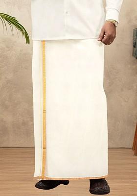 Cream Kora Cotton Double Layer Dhoti With Zari Border For Men