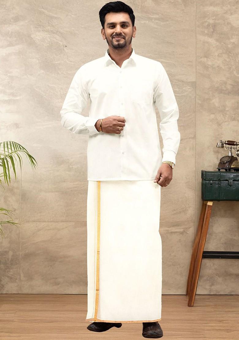 Cream Kora Cotton Double Layer Dhoti With Zari Border For Men - Indya
